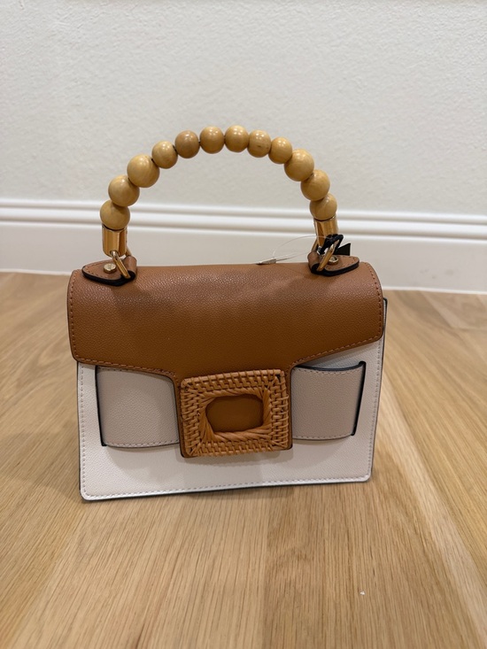 Aldo Handbags - Aldo Two-Tone Tan and Cream Beaded-Handle Satchel